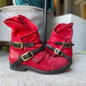 A.S.98 Red Zip Asymmetrical Leather Booties Studs Buckles 37 7-7.5